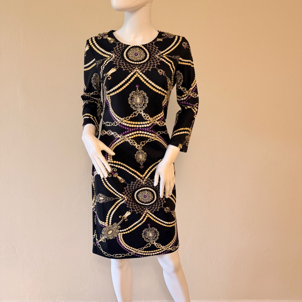 J.McLaughlin Womens Sophia Dress Black Gold London Chain Print Catalina Cloth S